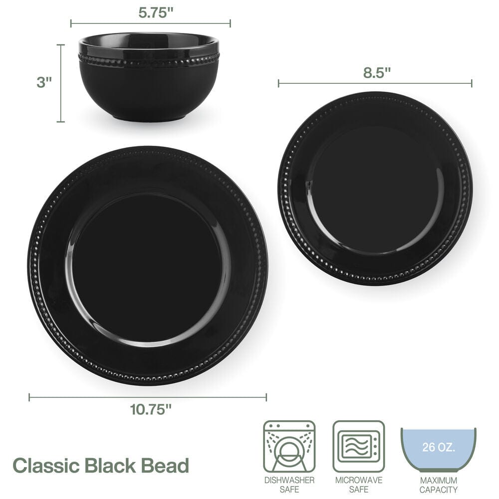 Classic Black Beaded 12 Piece Dinnerware Set, Service for 4