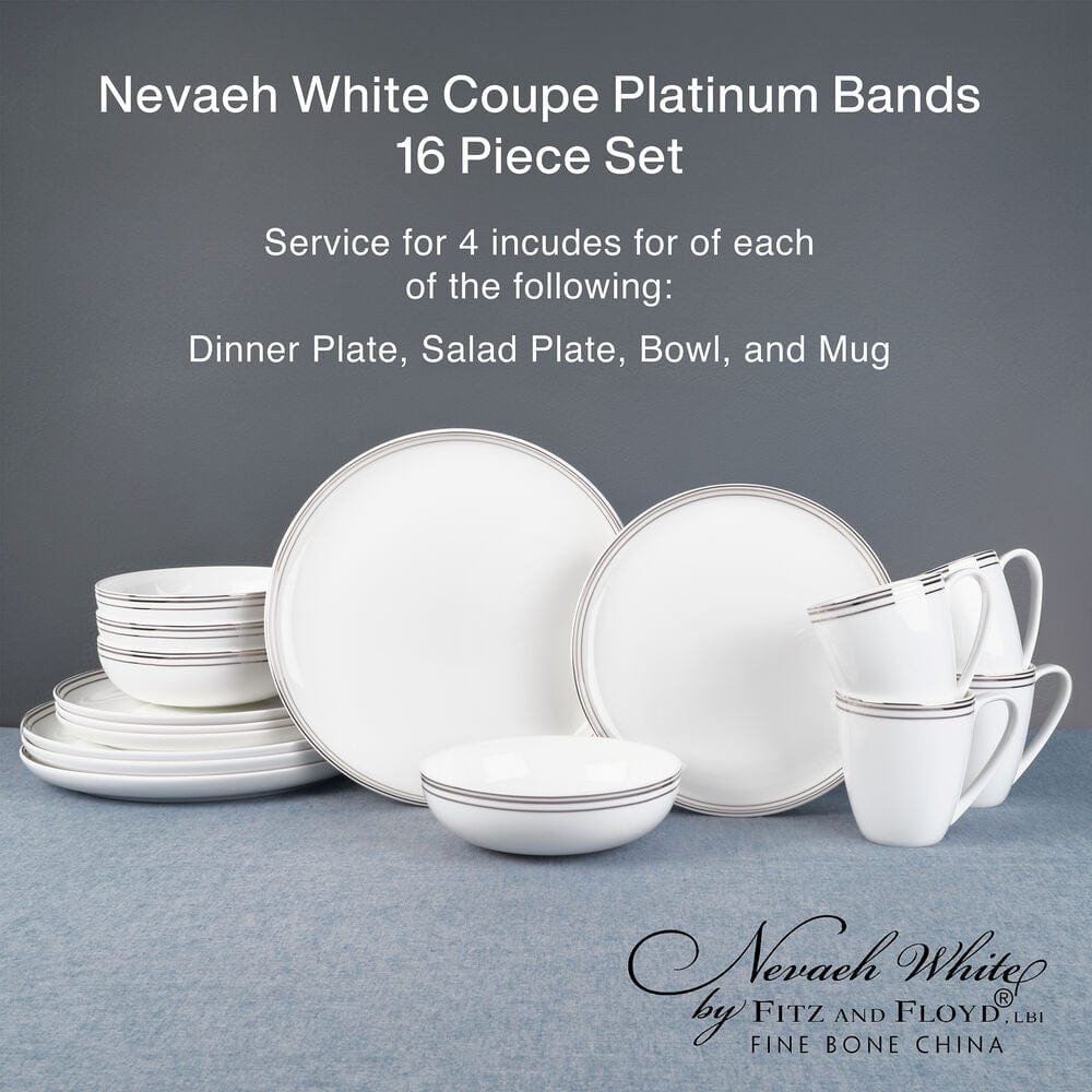 Nevaeh White Platinum Bands 16 Piece Dinnerware Set, Service For 4