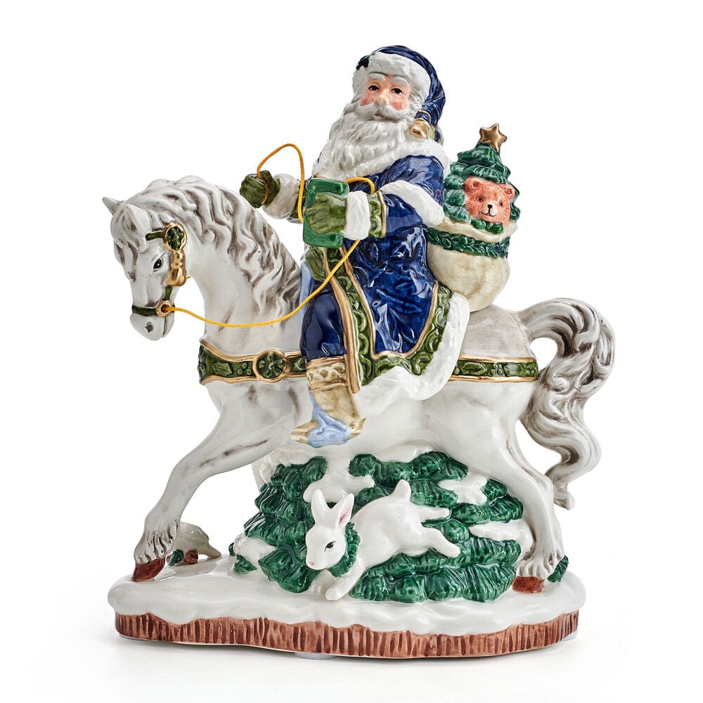 Holiday Musical Blue Santa on Horse Figurine, 7.75 IN