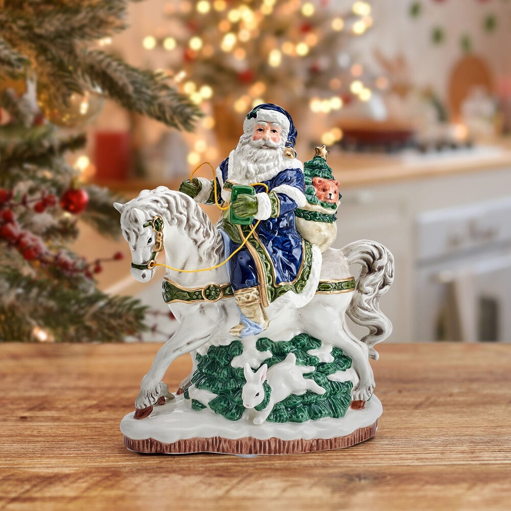 Holiday Musical Blue Santa on Horse Figurine, 7.75 IN