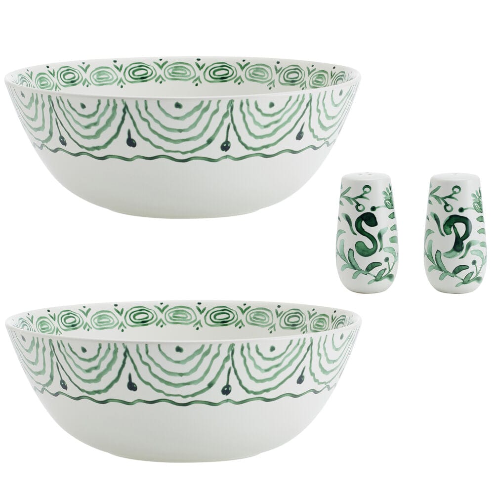 Sicily Green Set of 2 Serving Bowls with Salt & Pepper Set