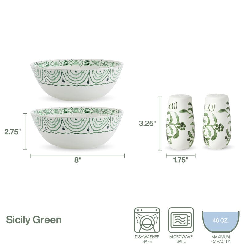 Sicily Green Set of 2 Serving Bowls with Salt & Pepper Set