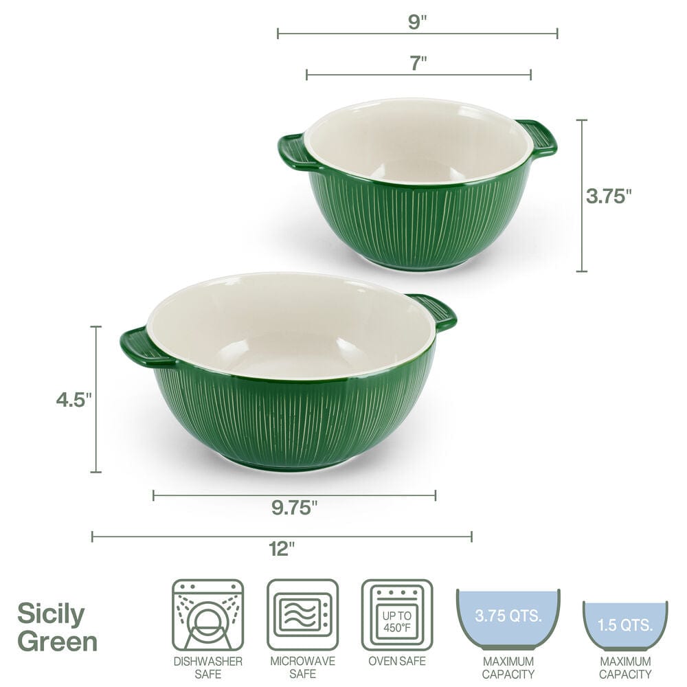 Sicily Green Set of 2 Handled Serving Mixing Bowls