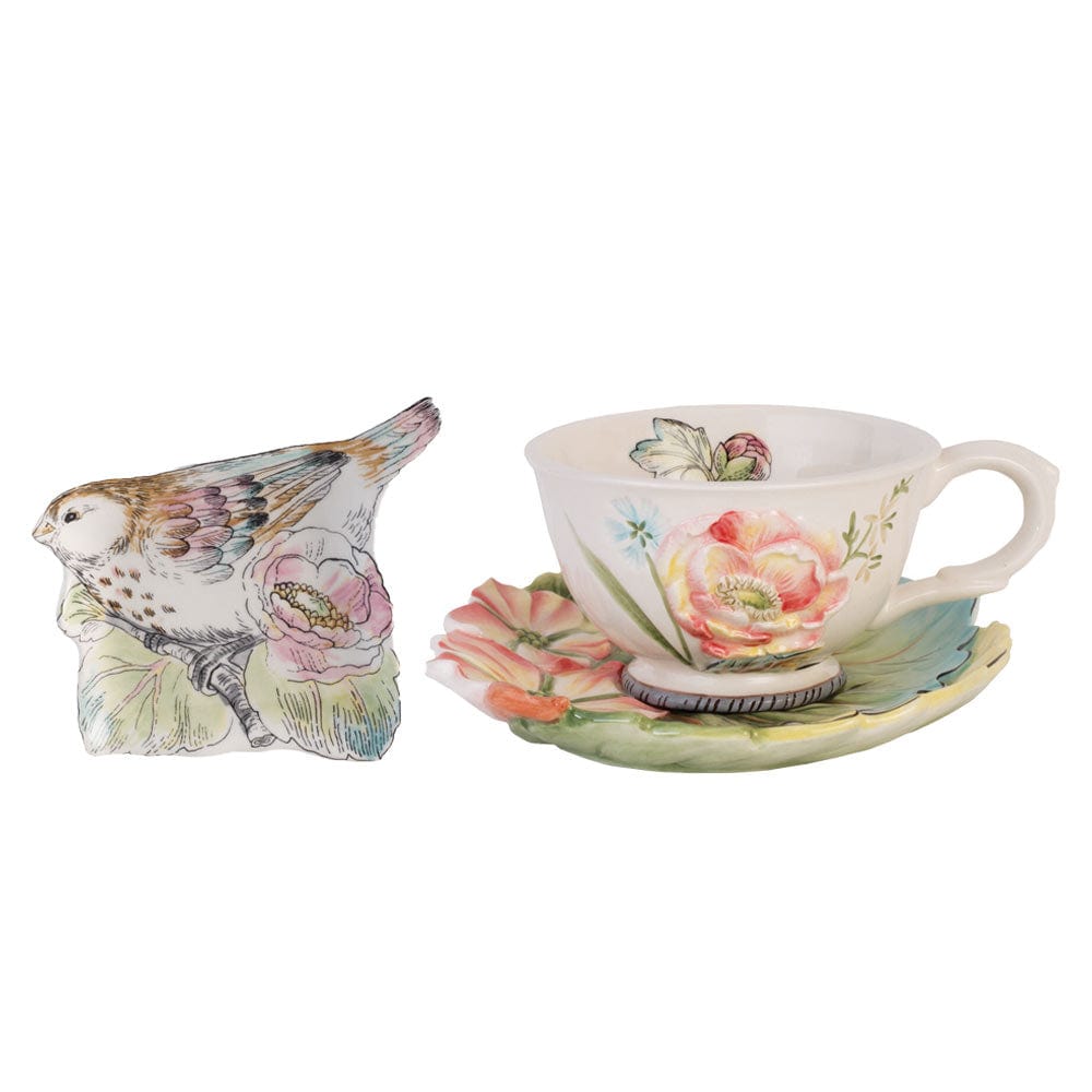 English Garden Set of 2 Tea Cup and Saucer with Tea Rest