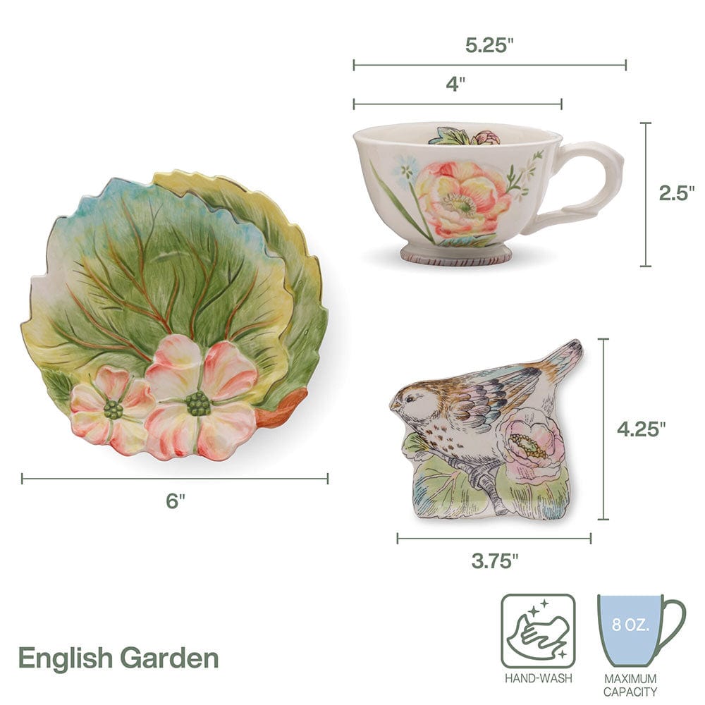 English Garden Set of 2 Tea Cup and Saucer with Tea Rest