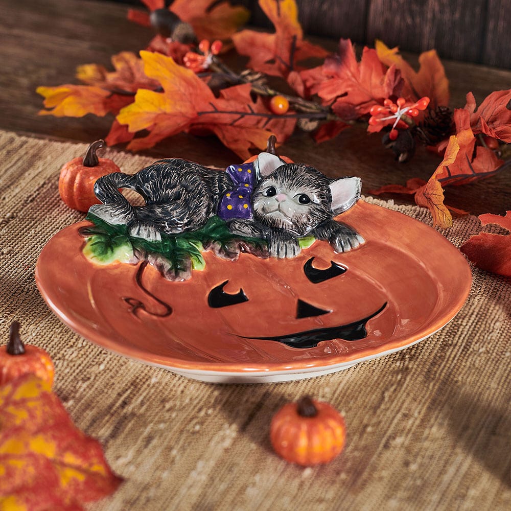 Halloween Kitty and Pumpkin Figural Snack Plate